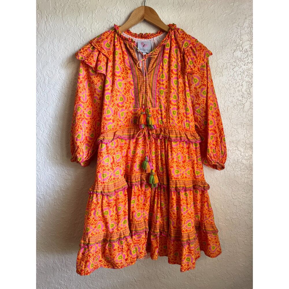 Bella Tu Vibrant Orange Ruffle Dress Tiered Cotton Tassel Tie Boho Small